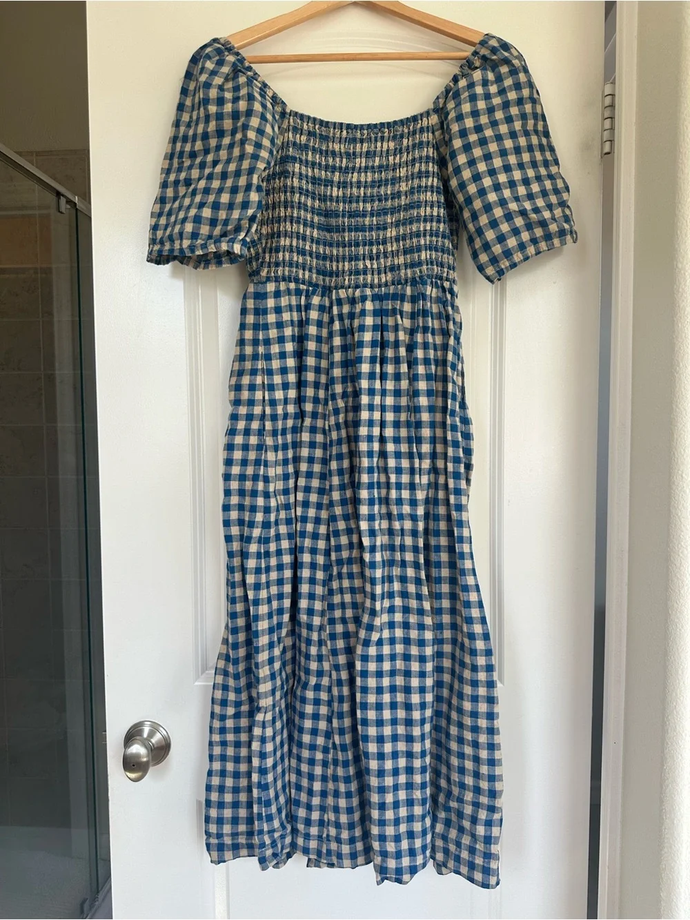 Boden Blue and Cream Gingham Smocked Midi Dress - Picture 2 of 5